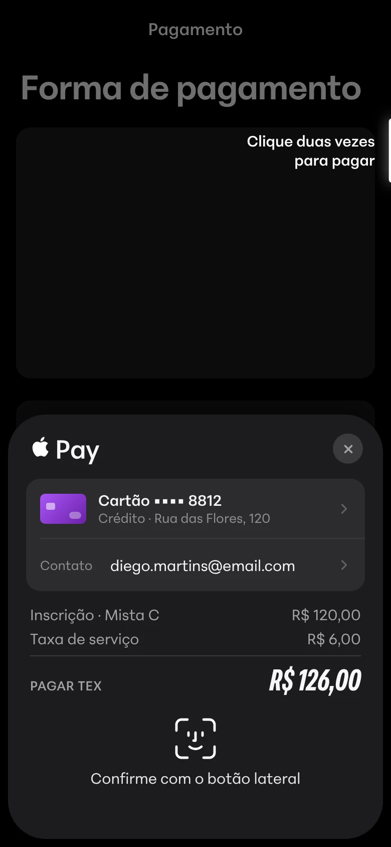 Inscrição de R$ 126,00 paga com Apple Pay no iPhone, confirmando com o botão lateral