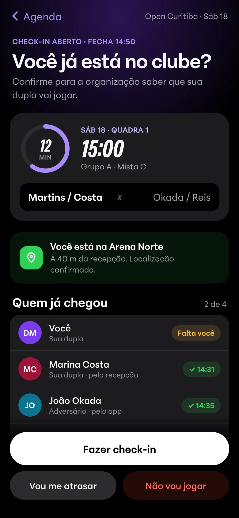 Tela de check-in: faltam 12 minutos para o jogo das 15:00 na Quadra 1