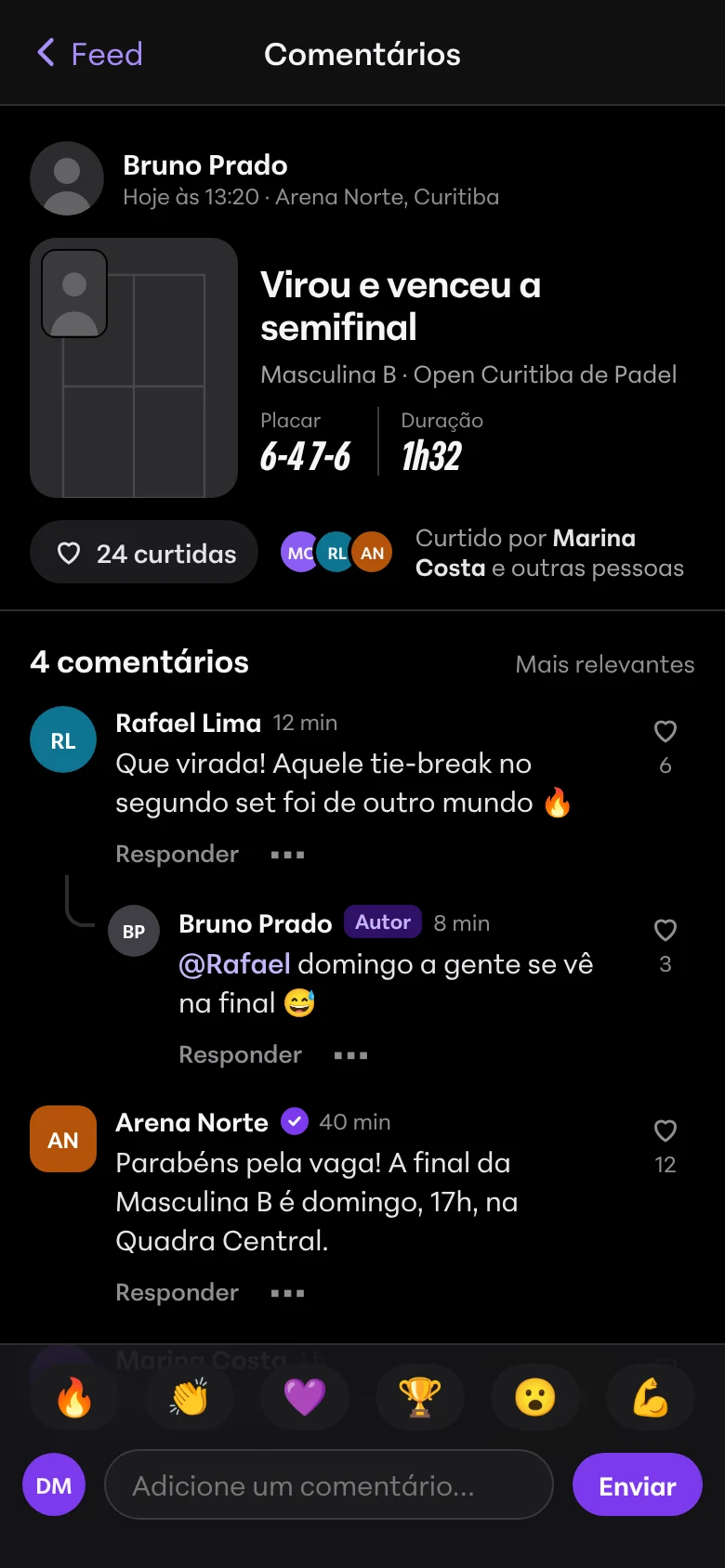 Post da virada na semifinal com curtidas e comentários dos amigos