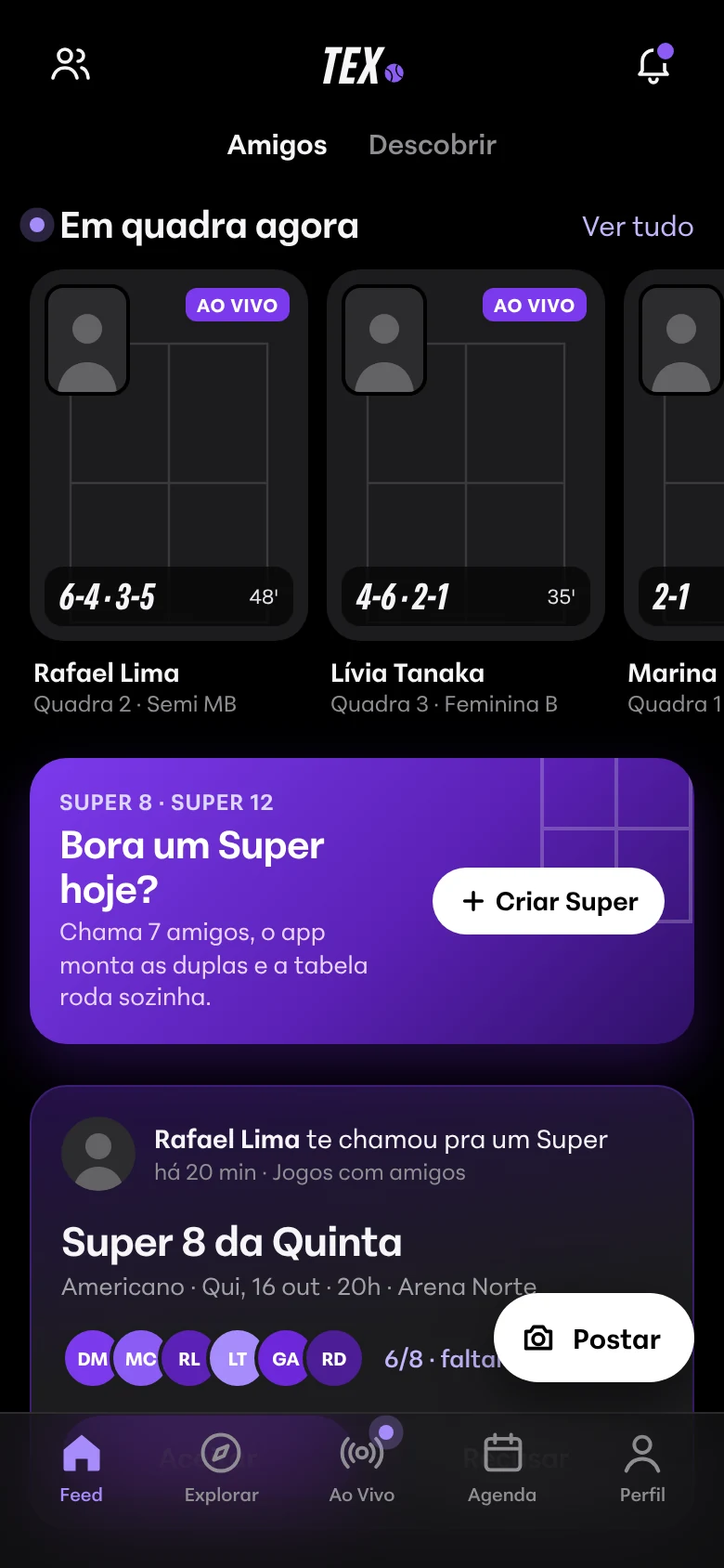 Feed do app com amigos em quadra agora e convite para um Super
