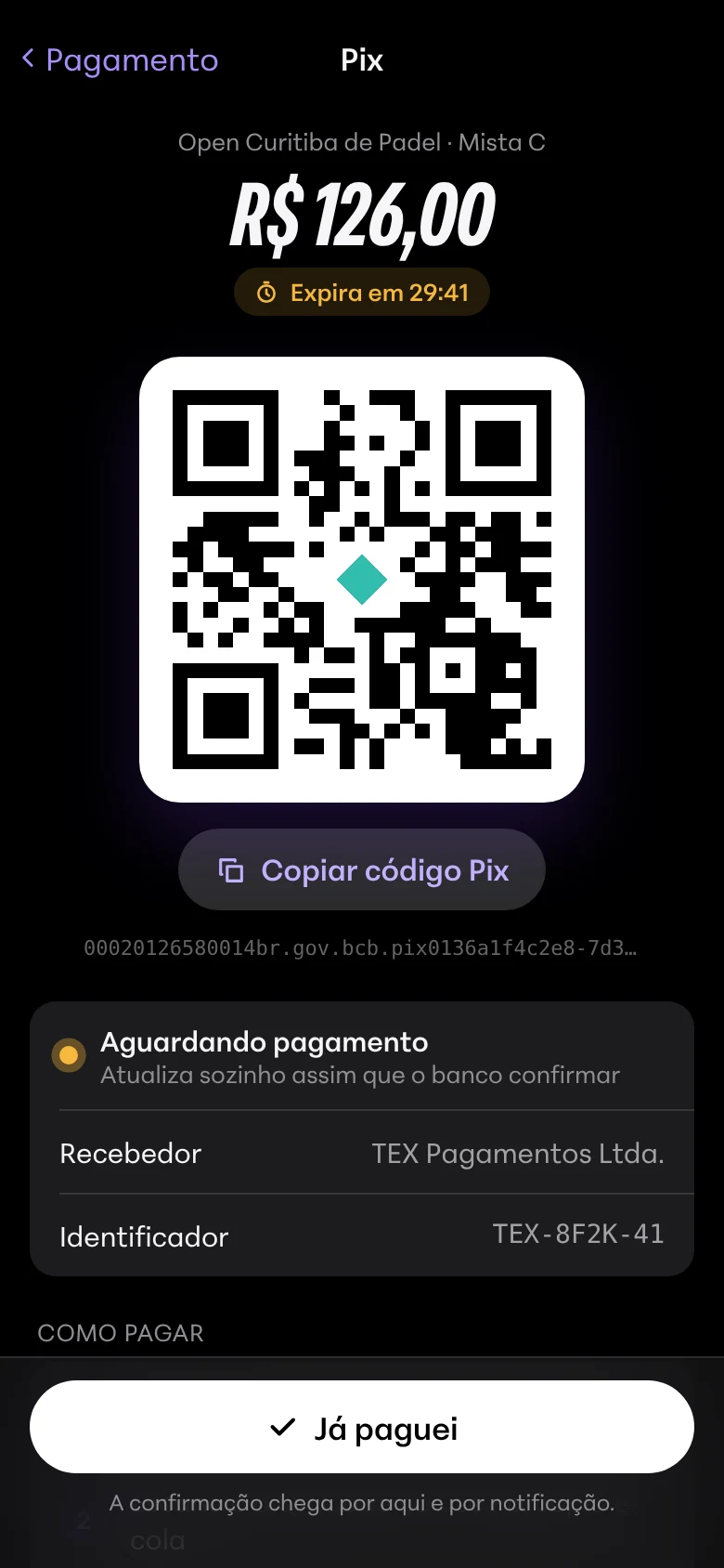 Tela de pagamento com o Pix de R$ 126 e o QR code
