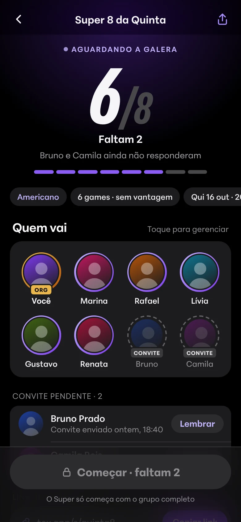 Lobby do Super 8 da Quinta com 6 de 8 amigos confirmados